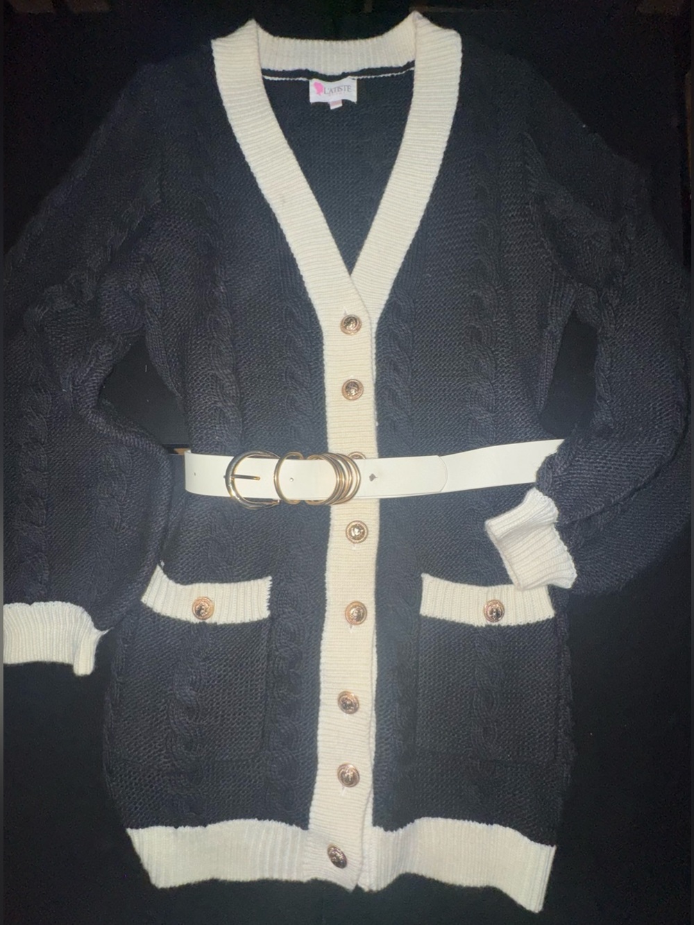 Black & Cream Cable-Knit Cardigan Sweater w/ separate belt